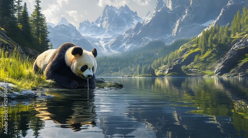 Panda View of a drinking water from a lake