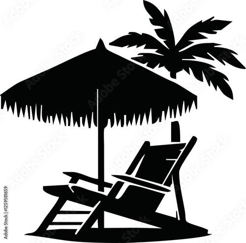 Illustration silhouette of chair and umbrella beach