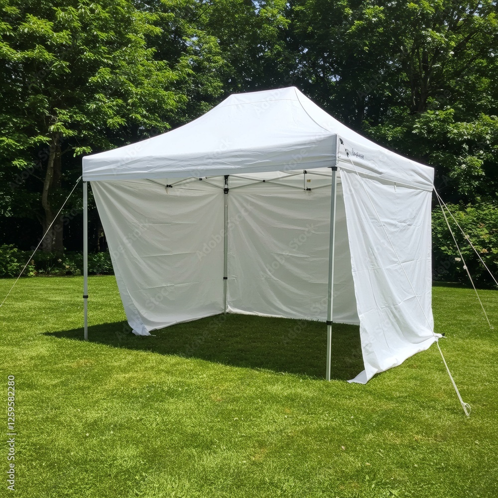 White Canopy Tent Setup on Green Lawn for Outdoor Event White Canopy Tent Setup on Green Lawn for Outdoor Event