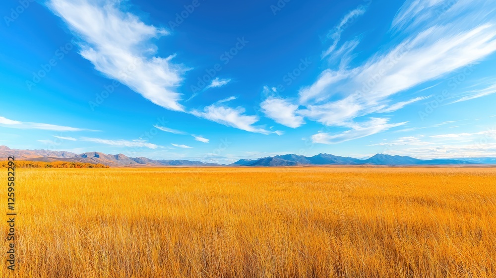Golden autumn field, mountain backdrop, clear sky, nature landscape Golden autumn field, mountain backdrop, clear sky, nature landscape