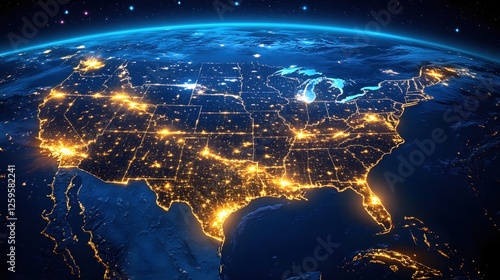 Fototapeta Naklejka Na Ścianę i Meble -  United States at Night from Space Glowing Cities and Coastline in a Stunning Visual Display