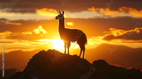Llama standing on a rock with a sunset in the background