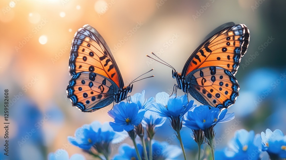 Obraz premium Two vibrant butterflies perched on delicate blue flowers, surrounded by a soft, glowing background