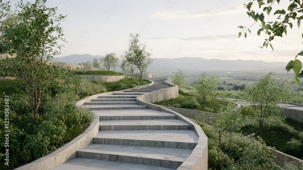 Concrete Cinematic Terraces in Eco-Brutalism Style Leading to Orchard-Laced Farmland Concrete Cinematic Terraces in Eco-Brutalism Style Leading to Orchard-Laced Farmland