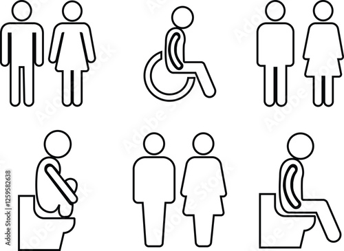 Restroom icon line set Woman, man public toilet vector for apps or web female and male hygiene washrooms symbol ladies and gentlemen WC bathroom UI icon doorplate isolated on transparent background