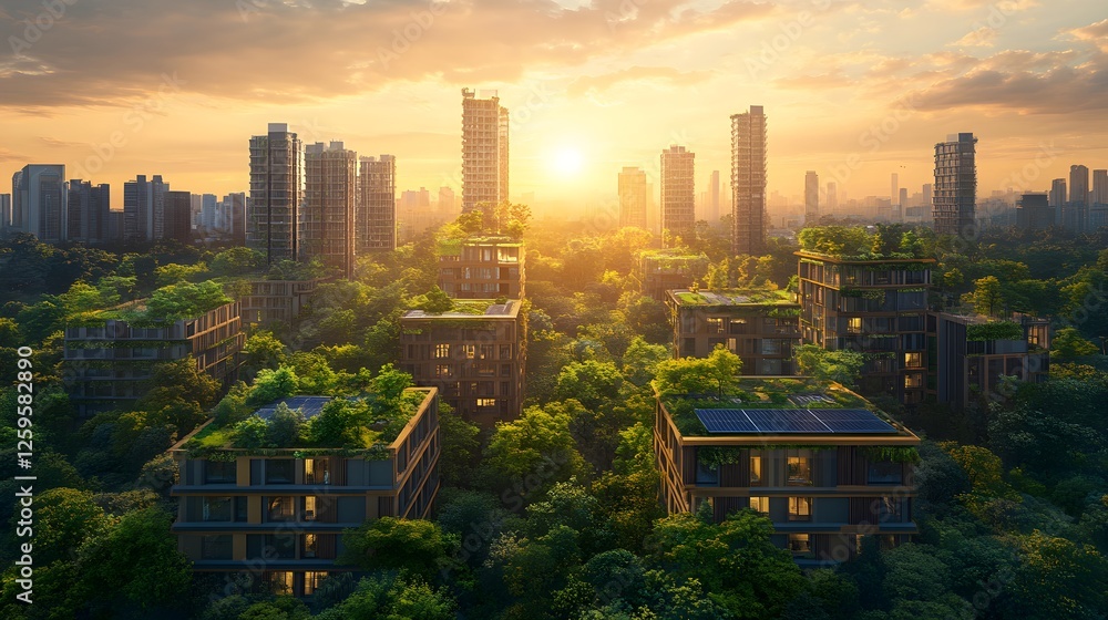 Fototapeta premium Skyline Incorporating Green Technologies with Traditional Architecture – Generative AI