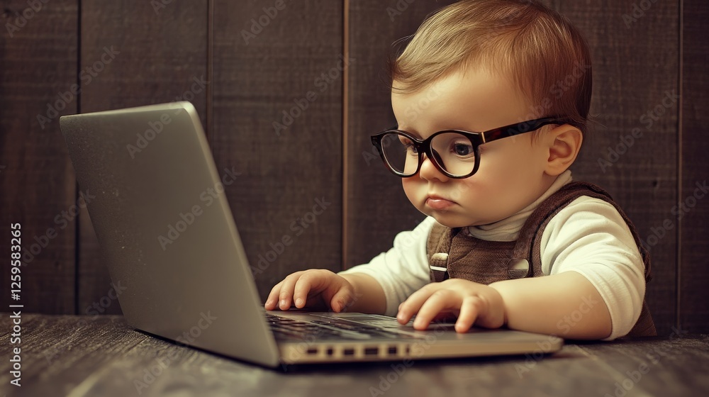 Adorable toddler wearing glasses, typing on a laptop with a focused look, mini professional setting. Adorable toddler wearing glasses, typing on a laptop with a focused look, mini professional setting.