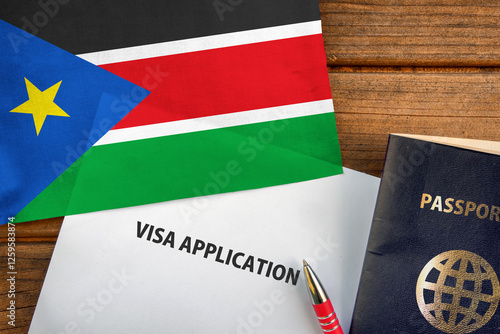 Visa application form, passport and flag of South Sudan
