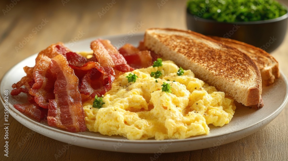 Delicious breakfast of scrambled eggs crispy bacon and toast kitchen table food photography cozy atmosphere top view morning delight Delicious breakfast of scrambled eggs crispy bacon and toast kitchen table food photography cozy atmosphere top view morning delight