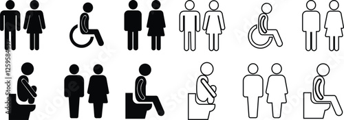 Restroom icon flat, line set Woman, man public toilet vector for apps or web female, male hygiene washroom symbol ladies and gentlemen WC bathroom UI icon doorplate isolated on transparent background