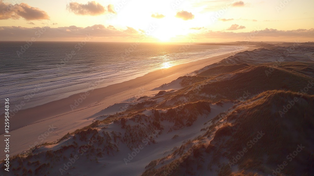 Fototapeta premium Serene sunset over sandy dunes and ocean waves, capturing tranquil nature and scenic beauty