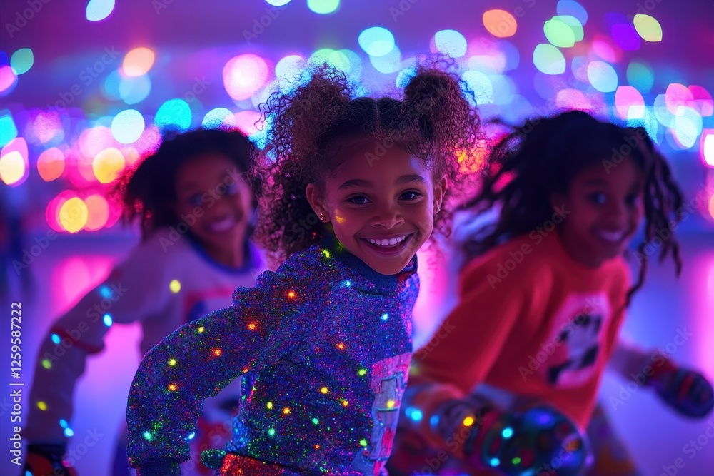 Girls with light-up clothes ice skate in a vibrant, colorful rink. Perfect for themes of fun, friendship, winter, and festive celebrations. Girls with light-up clothes ice skate in a vibrant, colorful rink. Perfect for themes of fun, friendship, winter, and festive celebrations.