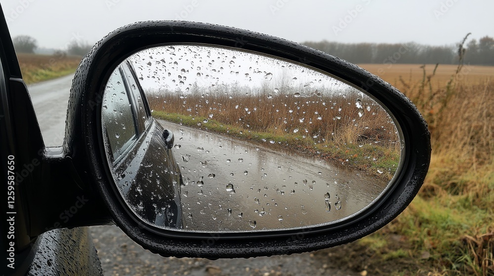 Atmospheric rainy day view through car window, water droplets on glass, blurred autumn landscape, side mirror reflection, moody overcast sky, wet road surface, muted earth tones, soft focus Atmospheric rainy day view through car window, water droplets on glass, blurred autumn landscape, side mirror reflection, moody overcast sky, wet road surface, muted earth tones, soft focus