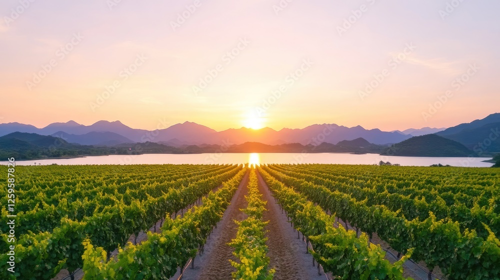 Fototapeta premium Serene sunset over lush vineyard rows with mountains and lake in the background, peaceful ambiance