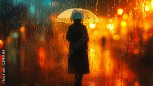 Wallpaper Mural Atmospheric rain-covered window, mysterious figure with transparent umbrella, falling water droplets, amber autumn lights, minimalist urban photography, glass texture, emotional scene, dreamy Torontodigital.ca