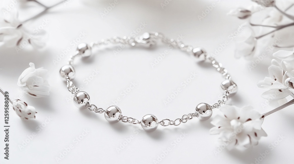 Elegant Silver Beaded Bracelet on White Background with Flowers Elegant Silver Beaded Bracelet on White Background with Flowers