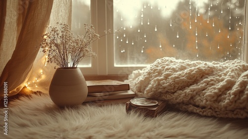 Autumn home decor scene, foggy window view, warm sepia tones, artisanal pottery cup, white fluffy rug, handknit wool blanket, illuminated fairy lights, modern vase design, petite dried blooms, photo