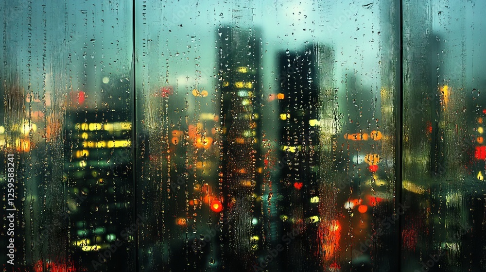 Fototapeta premium high-rise buildings viewed through rain-streaked glass, misty urban landscape, water beads on transparent surface, atmospheric night scene, minimalist composition, contemporary cityscape, abstract