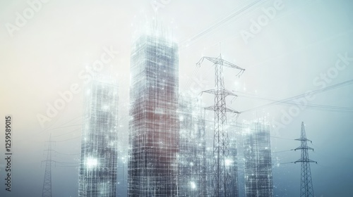 Electric power lines forming a corporate skyscraper shape, industrial energy supply concept in realistic picture.. photo