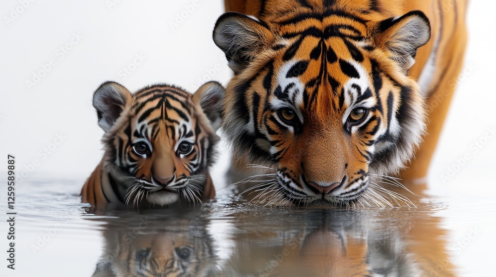 Fototapeta premium Majestic tigers wading through calm water, showcasing a nurturing bond in a serene environment