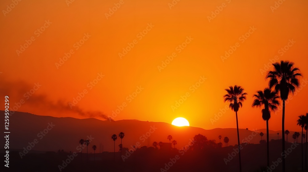 Fototapeta premium Iconic palm trees silhouetted against an orange sunset in Los Angeles with smoke rising from the hills