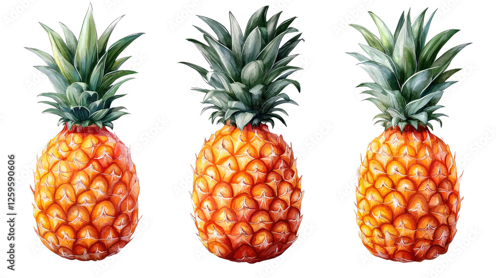 Triple Pineapple Delight: Three vibrant, ripe pineapples arranged in a row, showcasing their golden scales and lush green crowns. A cheerful and refreshing image, perfect for summer themes. Triple Pineapple Delight: Three vibrant, ripe pineapples arranged in a row, showcasing their golden scales and lush green crowns. A cheerful and refreshing image, perfect for summer themes.