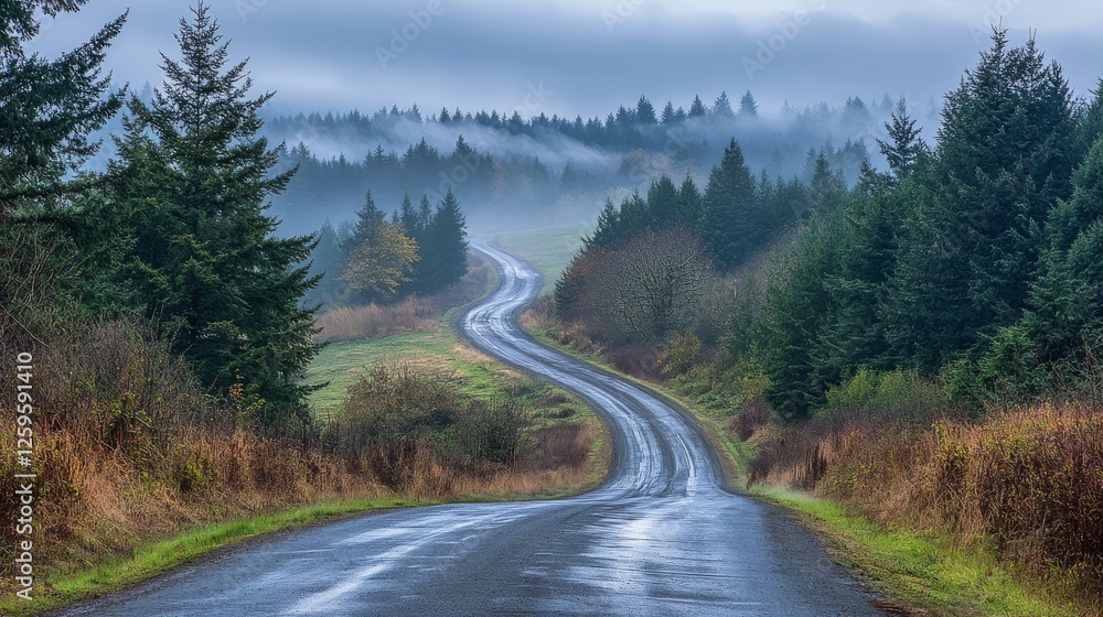 A long winding country road stretching into foggy distance, dense green forest on both sides, moody overcast sky, wet asphalt reflecting light, misty atmosphere, rural landscape photography, dark and