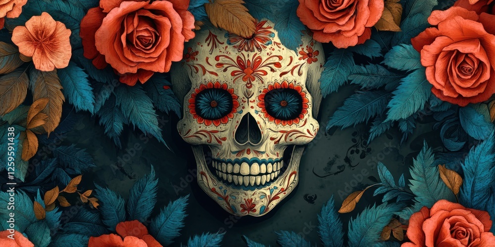 Sugar Skull Enveloped in Roses: A Day of the Dead Masterpiece Sugar Skull Enveloped in Roses: A Day of the Dead Masterpiece