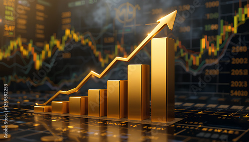 Golden Bar Chart with Growth Arrow Representing Financial Growth and Success