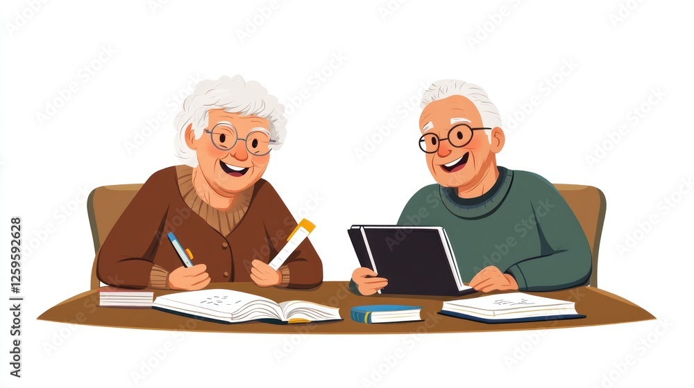 Two elderly individuals studying together. Two elderly individuals studying together.