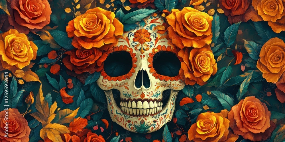 Sugar Skull Surrounded by Autumn Roses: Day of the Dead Artwork Sugar Skull Surrounded by Autumn Roses: Day of the Dead Artwork
