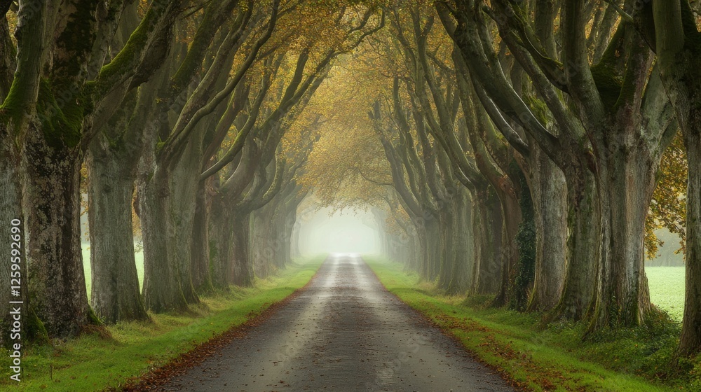 Minimalist countryside road composition, forest canopy framing path, ethereal fog rolling through trees, rain-slicked pavement, natural leading lines, moody landscape photography, organic symmetry, Minimalist countryside road composition, forest canopy framing path, ethereal fog rolling through trees, rain-slicked pavement, natural leading lines, moody landscape photography, organic symmetry,