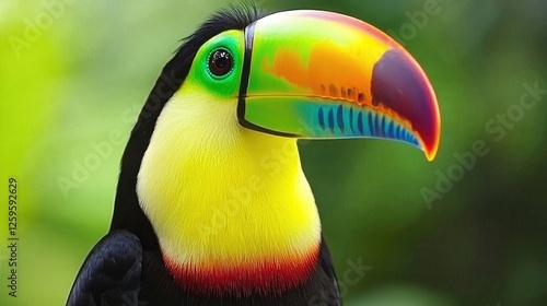 Vibrant toucan perched against a lush green background, showcasing its colorful beak and feathers photo