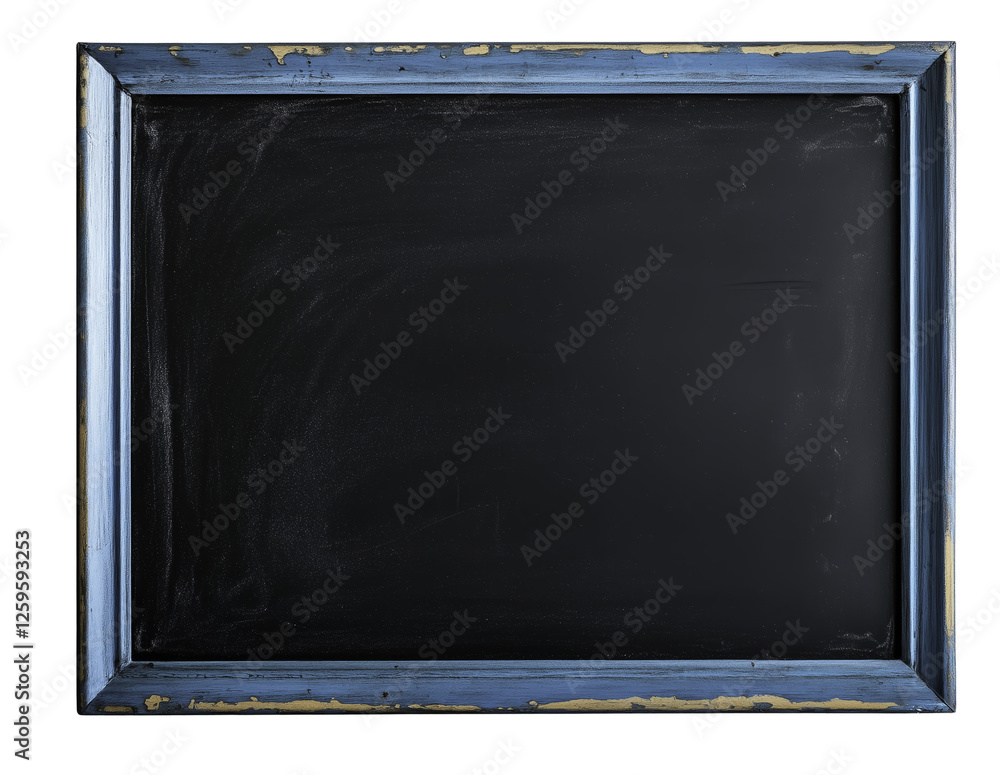 Fototapeta premium Blue Framed Blackboard: A rustic, dark-grey blackboard with a weathered, light-blue wooden frame, ready for your message or design. Perfect for adding text or images. 