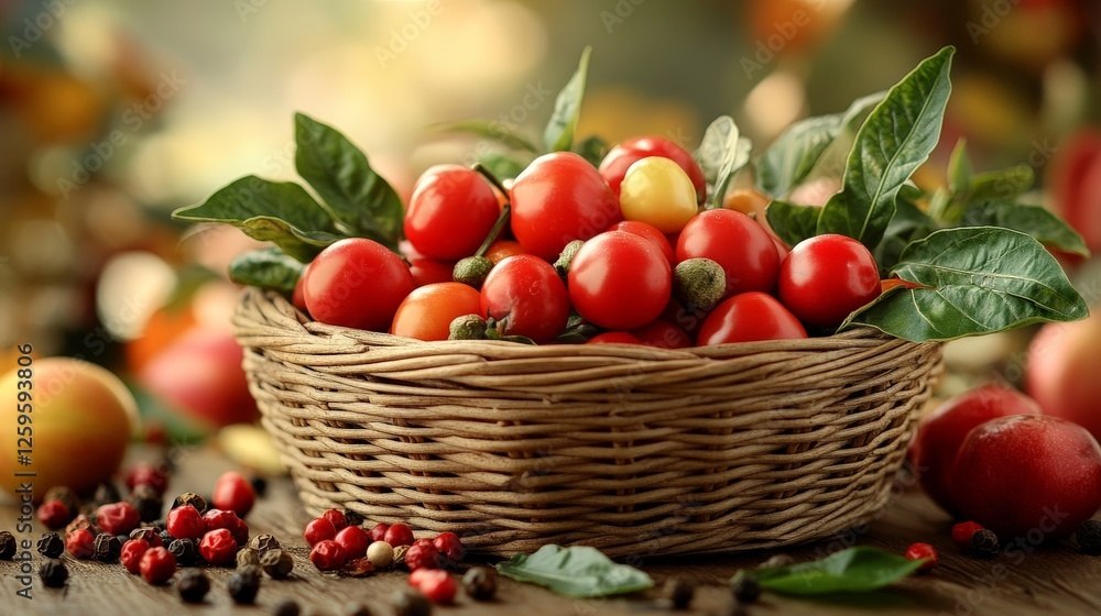 A basket filled with vibrant red fruits and green leaves, set in a natural environment. A basket filled with vibrant red fruits and green leaves, set in a natural environment.