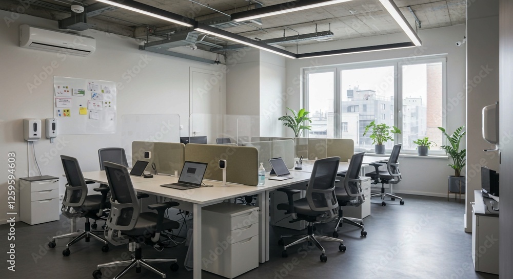 The spacious and airy feel of this office is emphasized by its large windows, neutral color palette, shared workspaces, and the presence of plants The spacious and airy feel of this office is emphasized by its large windows, neutral color palette, shared workspaces, and the presence of plants