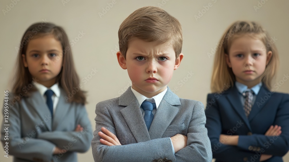 Little kids giving a business presentation with serious expressions, future leaders at work. Little kids giving a business presentation with serious expressions, future leaders at work.