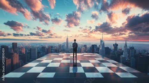 Wallpaper Mural Person standing at the edge of a chessboard that extends into a city skyline, blending strategic planning with real-world impact in realistic picture. Torontodigital.ca