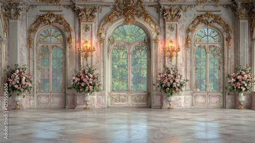 Elegant ballroom  rose bouquets  garden view  wedding backdrop