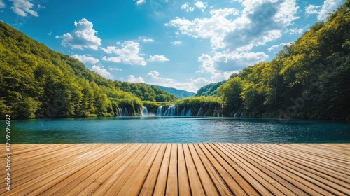 Wooden dock overlooking serene waterfall, lush forest, sunny sky; travel brochure photo