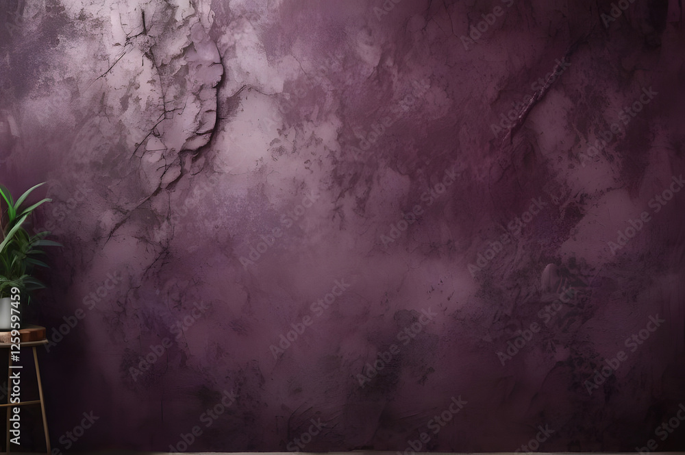 Fototapeta premium Dark purple textured wall with cracks and green plant in simple pot in a cozy indoor space