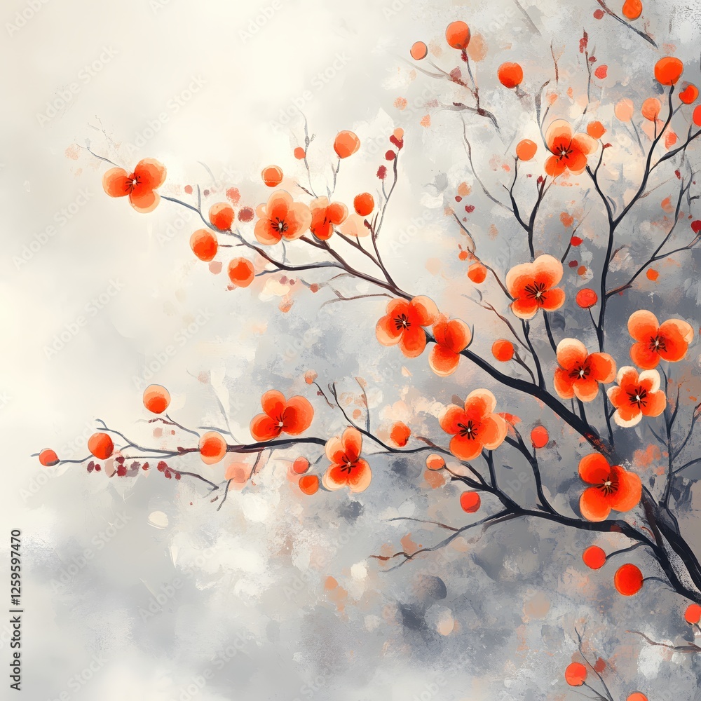 Abstract Floral Painting with Orange Blooms and Gray Background in Watercolor Style Art Abstract Floral Painting with Orange Blooms and Gray Background in Watercolor Style Art