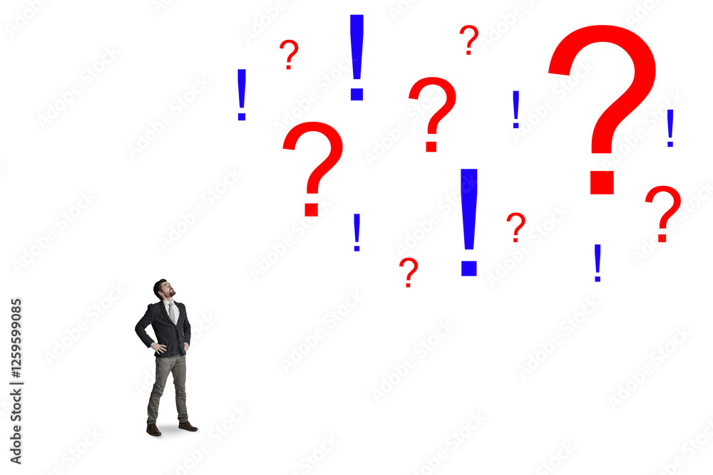 Man, question marks and employee thinking in studio, stock worker and risk with investment choice. White background, economic market and emoji to plan decision, exclamation and urgency for trade info Man, question marks and employee thinking in studio, stock worker and risk with investment choice. White background, economic market and emoji to plan decision, exclamation and urgency for trade info
