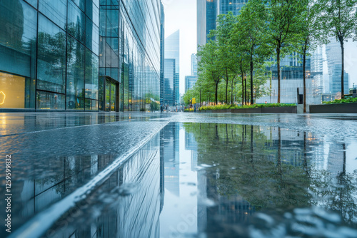 Reflections in the Wet Sidewalk of Modern Office Skyscrapers in The City photo