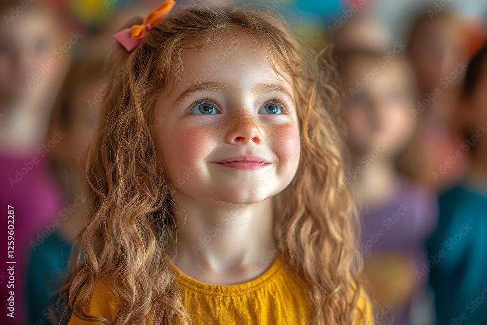 Girl smiles, preschool class, classroom background, education Girl smiles, preschool class, classroom background, education