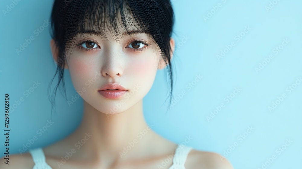 Beautiful Japanese woman with black hair, posing for the camera, against a light blue background, wearing a white dress. High-quality, high-resolution image with visible skin texture. Closeup Beautiful Japanese woman with black hair, posing for the camera, against a light blue background, wearing a white dress. High-quality, high-resolution image with visible skin texture. Closeup