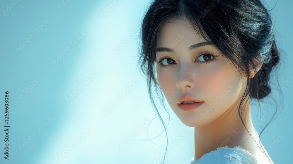 Beautiful Japanese woman with black hair, posing for the camera, against a light blue background, wearing a white dress. High-quality, high-resolution image with visible skin texture. Closeup. Beautiful Japanese woman with black hair, posing for the camera, against a light blue background, wearing a white dress. High-quality, high-resolution image with visible skin texture. Closeup.