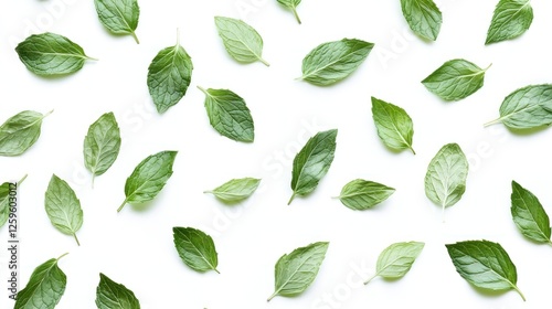 Fresh mint leaves scattered on white background, food, recipe, design