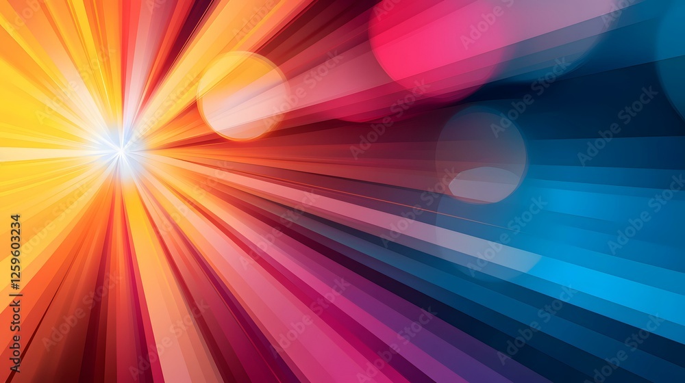 Obraz premium The image contains an abstract design featuring a burst of radiating lines in warm and cool colors, transitioning from orange and pink to blue. There are also blurred circular shapes superimposed on