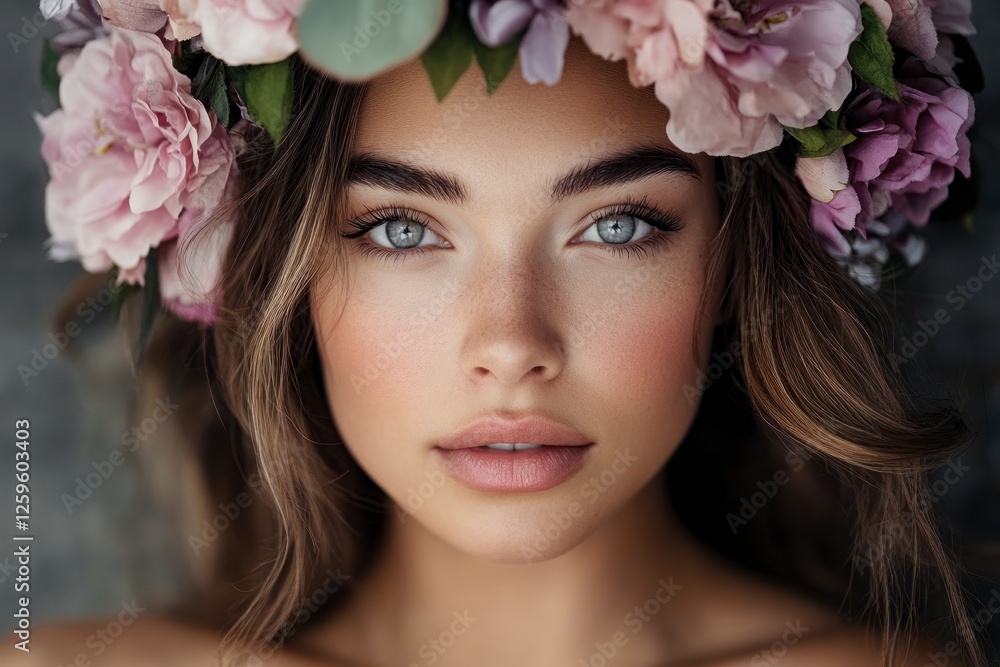 A beautiful woman with a flower wreath, featuring pink and purple flowers, light brown hair, and grey eyes. A beautiful woman with a flower wreath, featuring pink and purple flowers, light brown hair, and grey eyes.